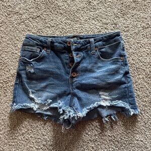 Kendall & Kylie Distressed High-Rise Button-Fly Denim Shorts - Blue